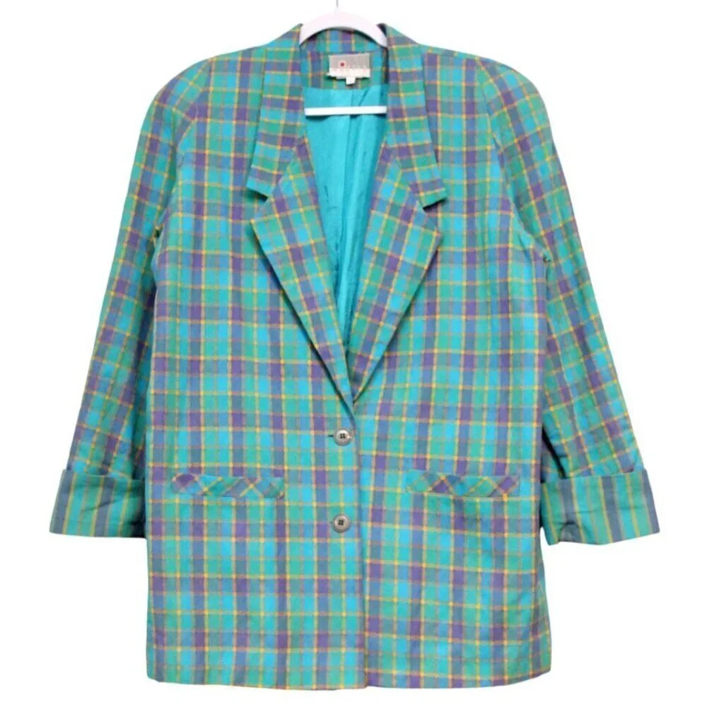Vintage 80s 90s Blazer Large Multicolor Plaid Preppy Classic 100% Cotton USA
